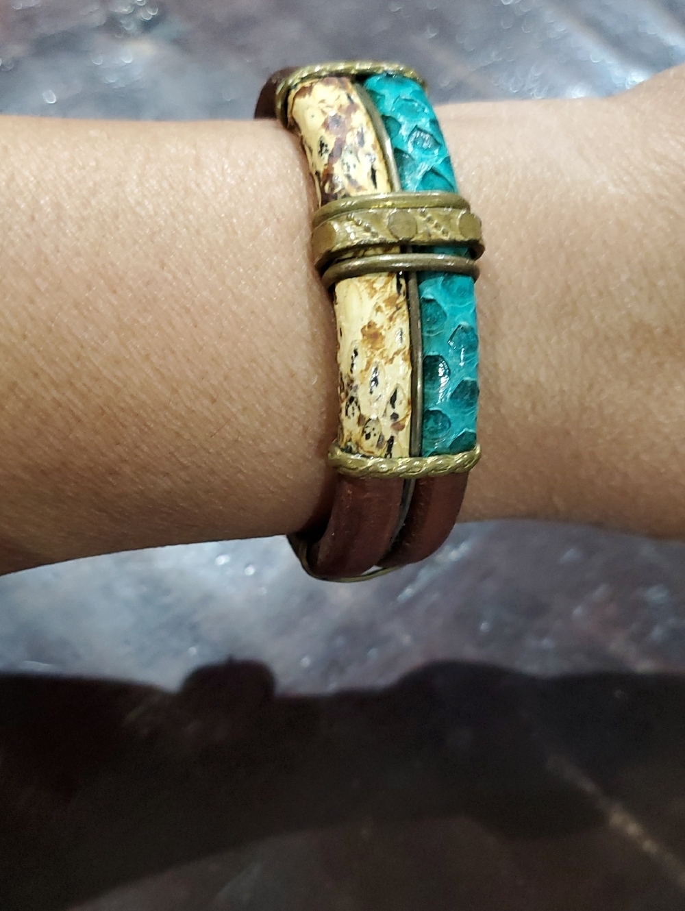 Vintage Turquoise Animal Print & Brown Leather Bracelet Boho Tribal Festival